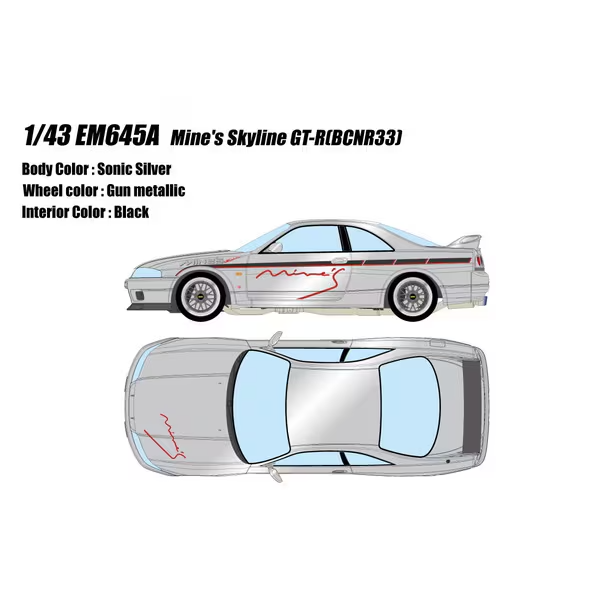 Make Up EIDOLON EM645A 1/43 Mine’s Skyline GT‑R BCNR33 Sonic Silver (Resin-Cast)