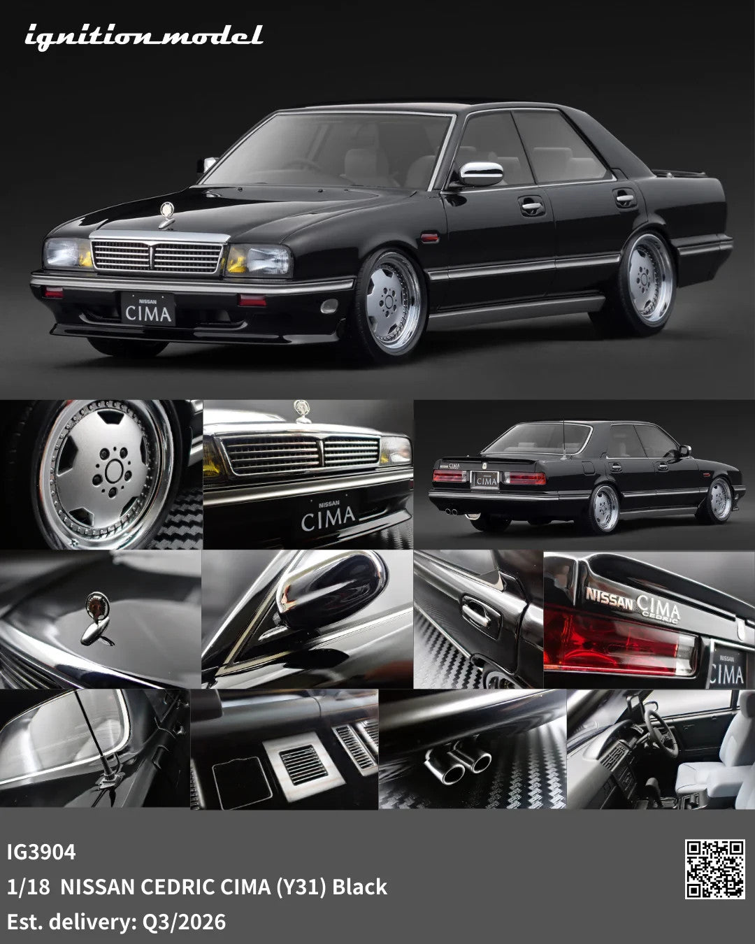 Ignition Model IG3904 1/18 Nissan Cedric Cima Y31 Black Sedan
