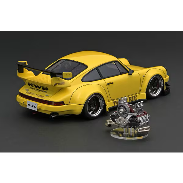 ignition model IG2482 1/18 Porsche 911 RWB 930 (Yellow) with RWB 964 with Engine