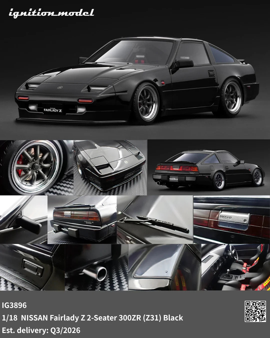 Ignition Model IG3896 1/18 Nissan Fairlady Z 300ZR Z31 Black Resin