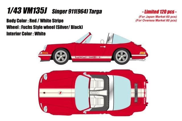 Make Up VISION VM135J 1/43 Singer 911 964 Targa Red White Stripe Limited 120pcs - image 1