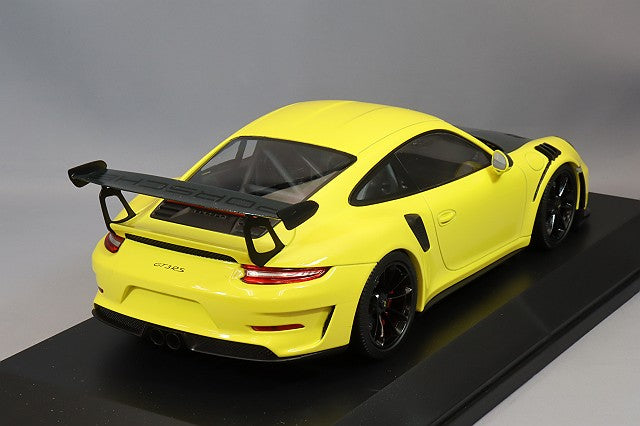 MINICHAMPS MC155068231 1/18 Porsche 911 GT3 RS 2019 in Yellow, rear three-quarter view showing rear wing
