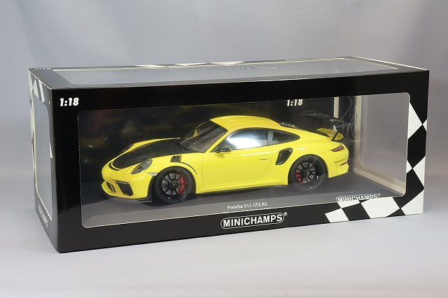 MINICHAMPS MC155068231 1/18 Porsche 911 GT3 RS 2019 in Yellow, model shown inside MINICHAMPS window box