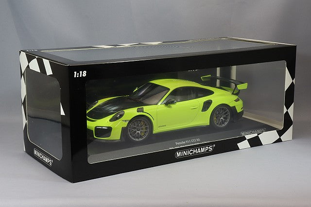 MINICHAMPS MC155068309 1/18 Porsche 911 GT2 RS 2018 in Green, model shown inside MINICHAMPS window box