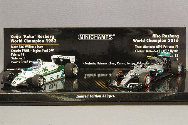 MINICHAMPS MC412821601 1/43 Williams-Ford FW08 1982 #6 and Mercedes-AMG Petronas W07 2016 #6 Rosberg Father-and-Son Two-Car Set - image 1