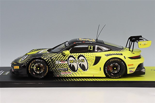 Tarmac Works T1800825FUJ13 1/18 Porsche 911 GT3R Mooneyes #13, side view on display base