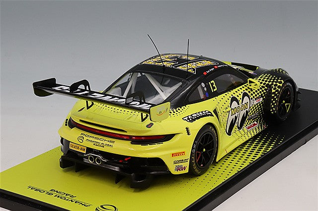 Tarmac Works T1800825FUJ13 1/18 Porsche 911 GT3R Mooneyes #13, rear three-quarter view on display base
