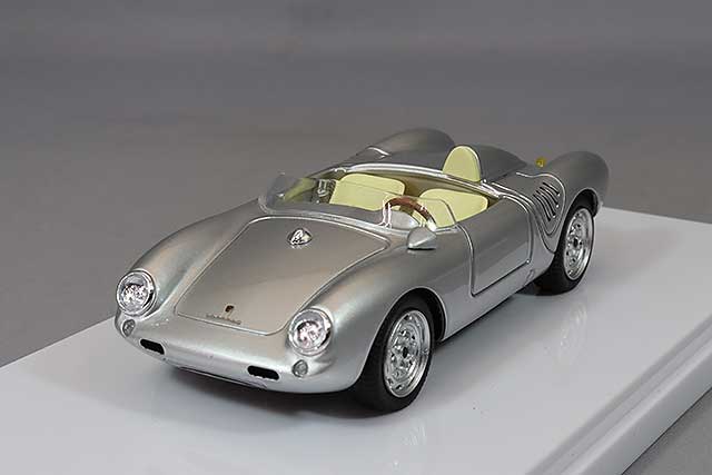 Tecnomodel TM43-61D 1/43 Porsche 550A RS 1957 Press Version, front three-quarter view on display base