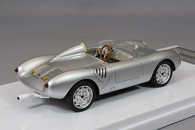 Tecnomodel TM43-61D 1/43 Porsche 550A RS 1957 Press Version, rear three-quarter view on display base